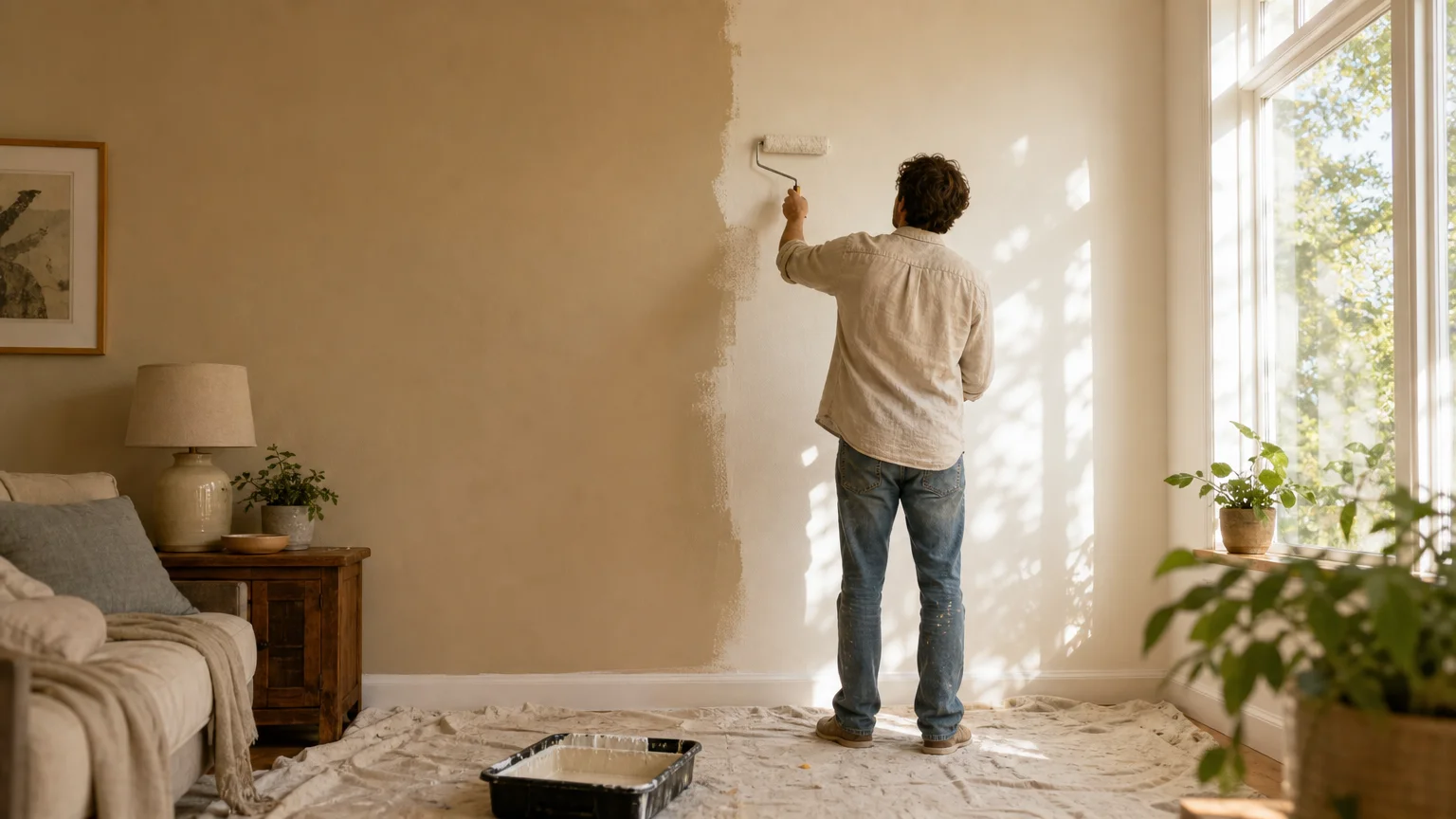 A person paints over a dull beige wall with a warm, modern off-white color in a sunlit living room.