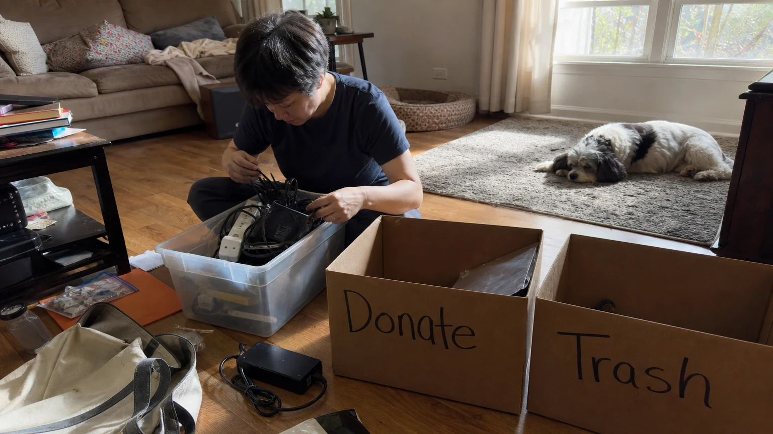 A person sitting on a living room floor sorting through old electronics into boxes labeled Donate and Trash.