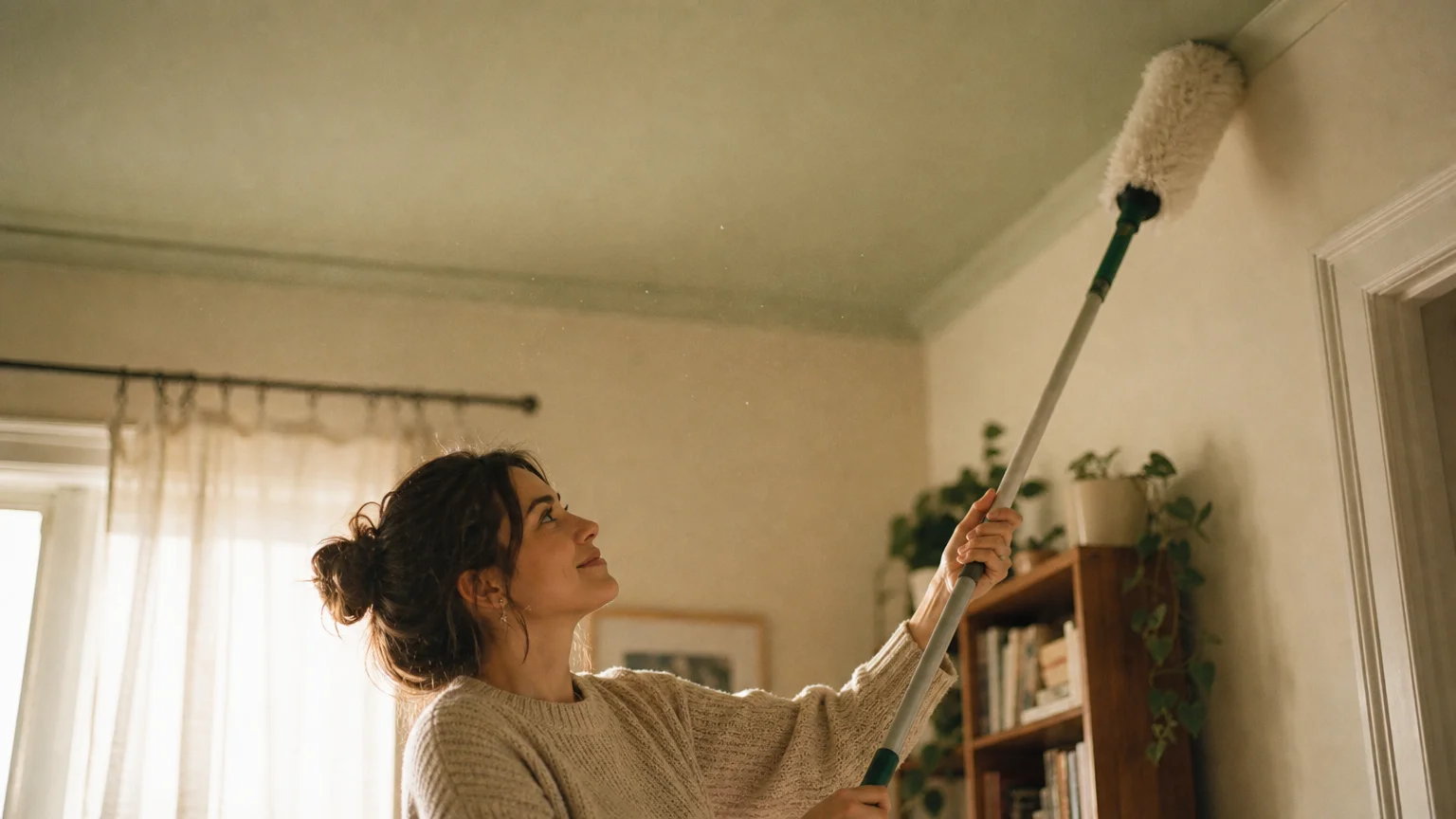 A person using a fluffy duster on an extension pole to clean a pale sage green ceiling corner in a sunlit room.