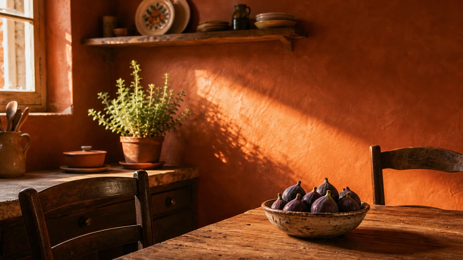 A rustic kitchen dining nook with a sun-baked terracotta wall illuminated by golden hour sunlight.