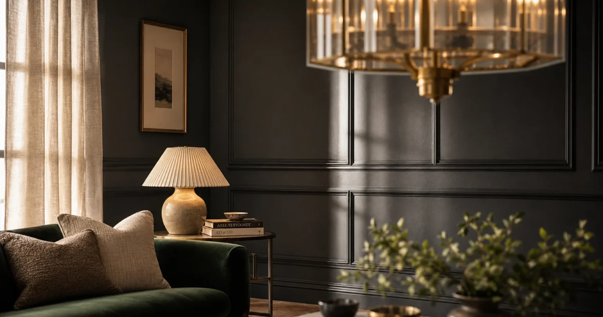 A sophisticated living room with charcoal-grey wall molding, an emerald velvet sofa, and a large brass chandelier.