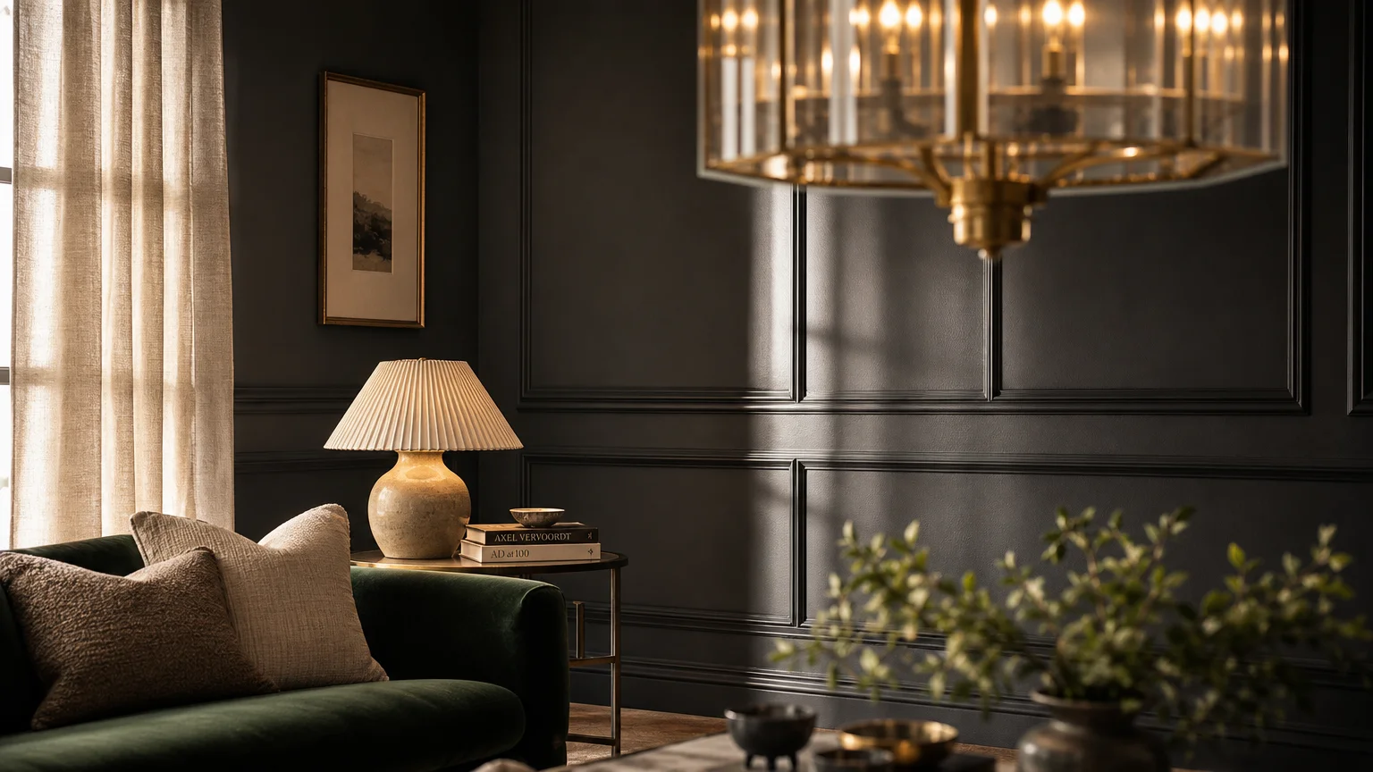 A sophisticated living room with charcoal-grey wall molding, an emerald velvet sofa, and a large brass chandelier.
