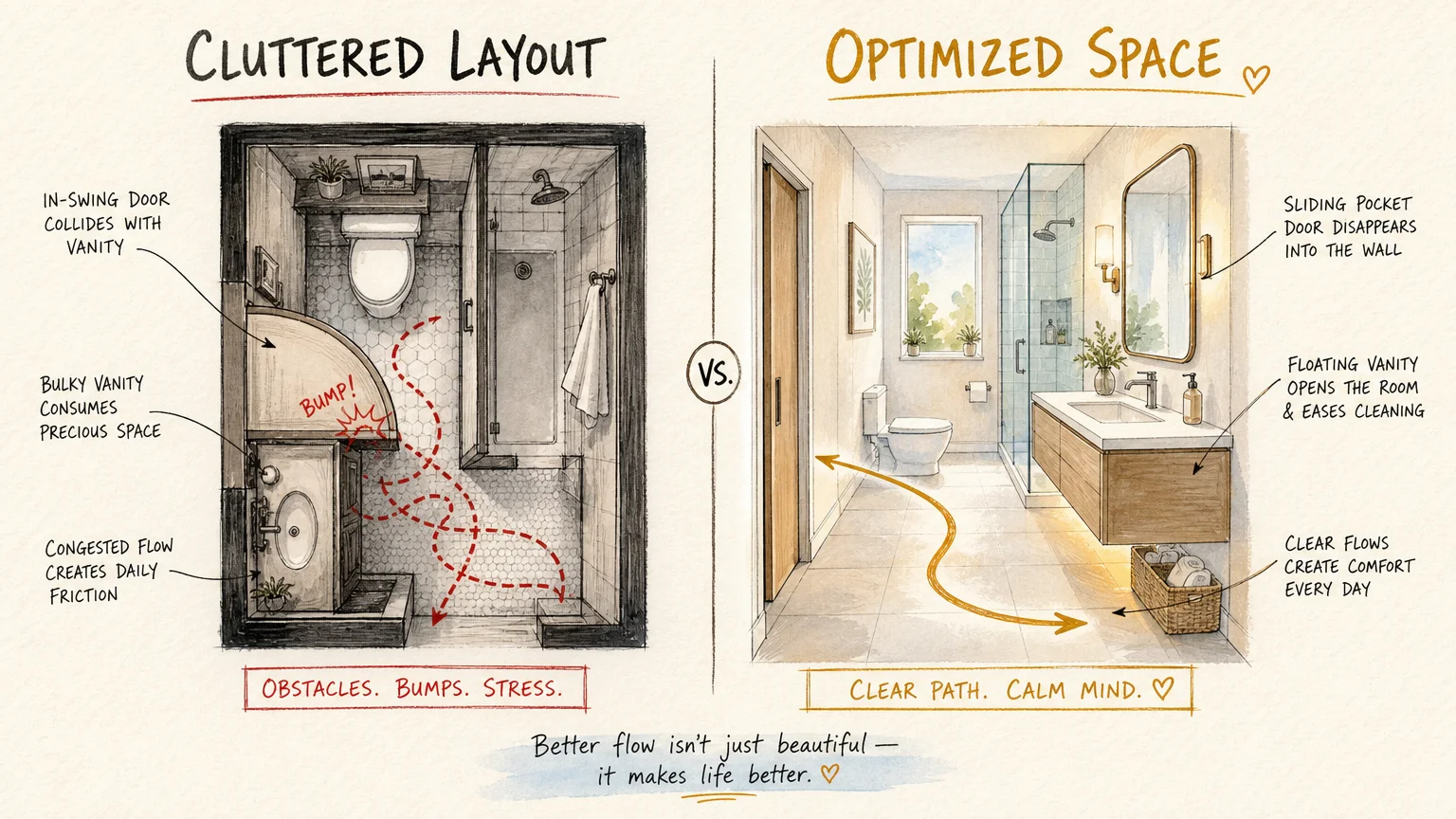 A split-panel watercolor illustration showing a cramped, chaotic bathroom layout compared to an optimized, open space-saving design.