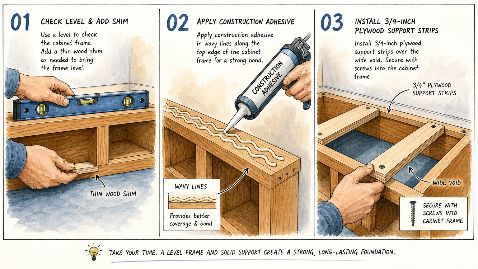 A step-by-step diagram showing cabinet leveling, adhesive application, and plywood support installation.