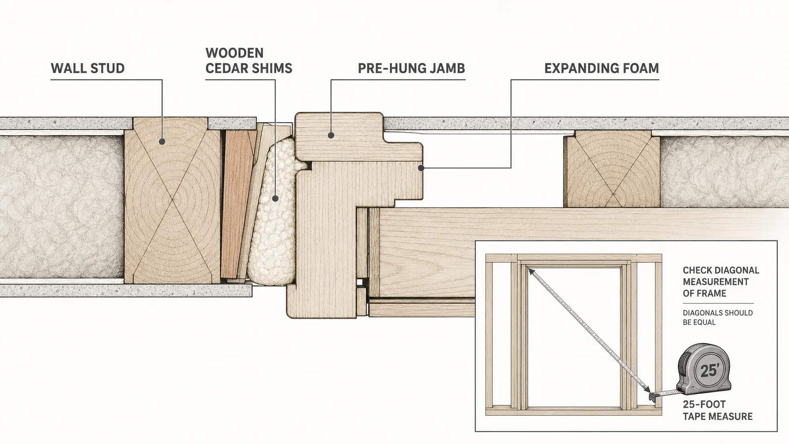 A structural cross-section diagram showing a door jamb, cedar shims, wall stud, and foam insulation with clean text labels.