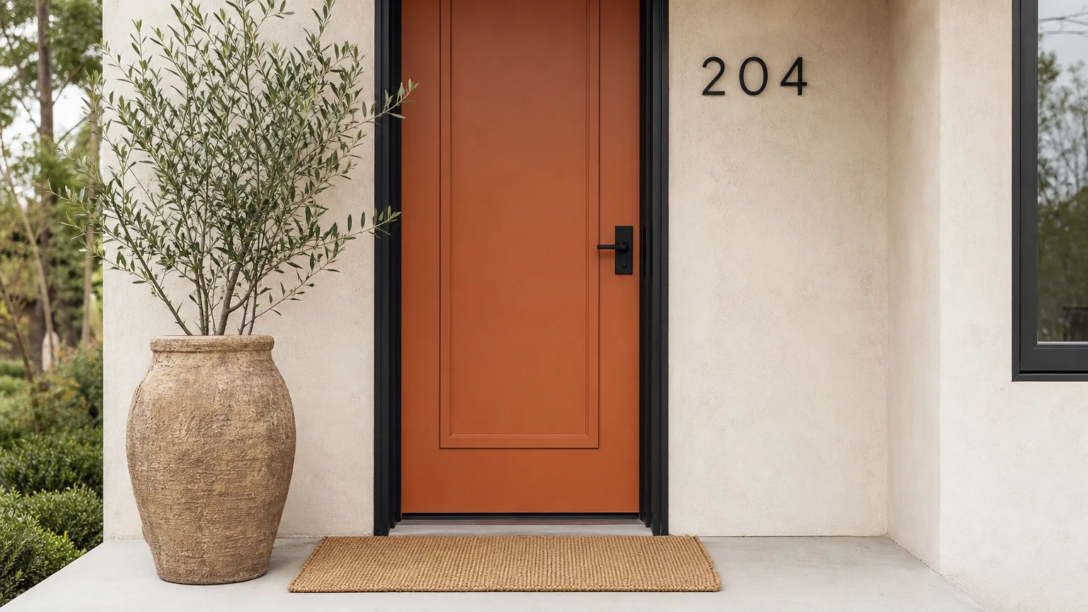 A styled home entryway featuring a terracotta-orange door, modern black house numbers, an olive plant in a clay pot, and a jute mat.