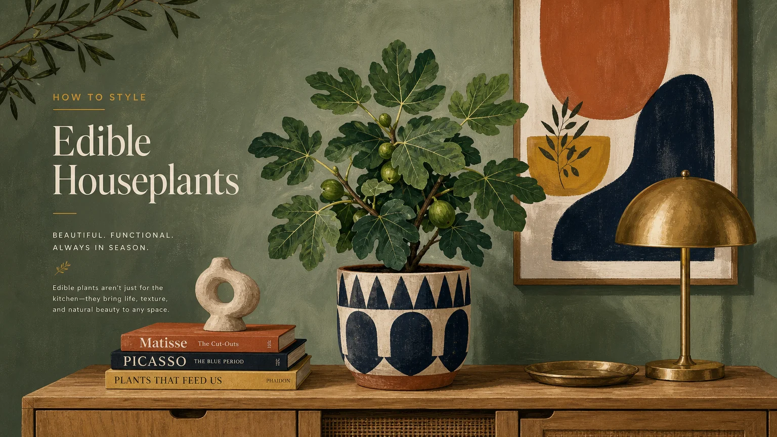 A stylish gouache illustration of a dwarf fig plant styled on a modern oak sideboard alongside books and decor.