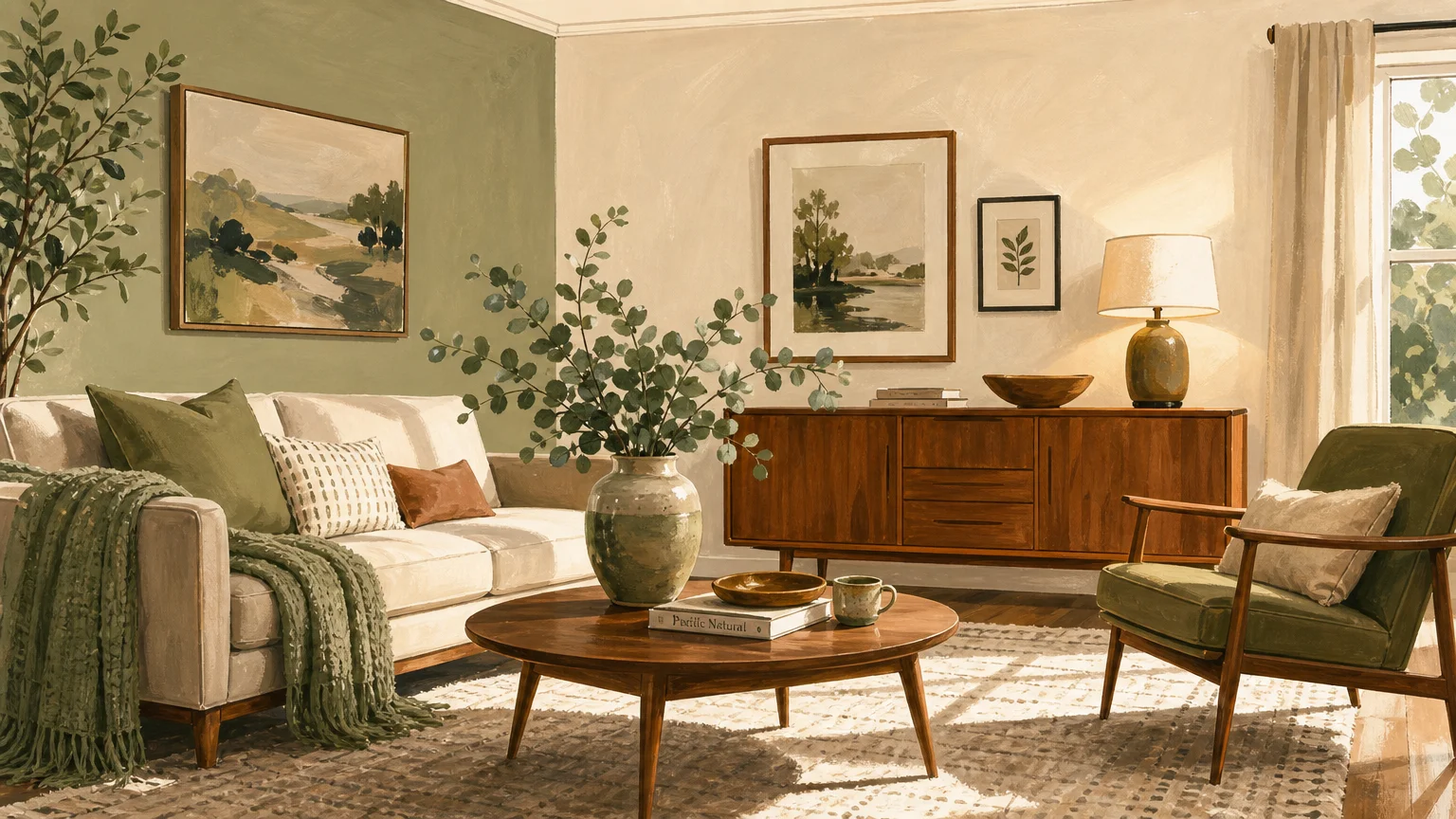 A stylized gouache painting of a modern living room with sage green walls and wooden furniture.