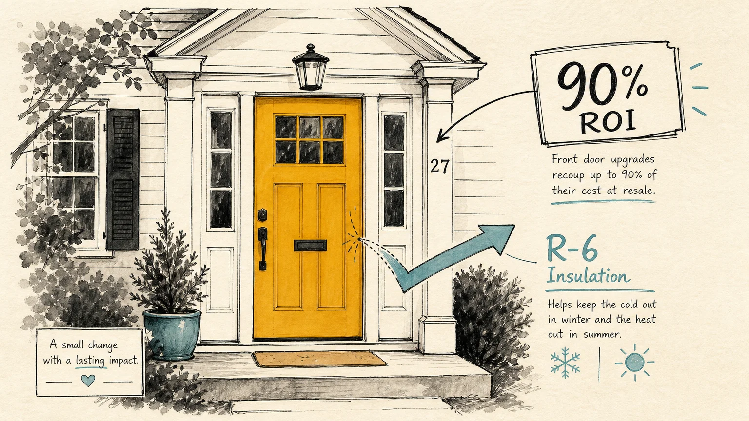 A stylized ink and gouache illustration of a house with a vibrant yellow front door, showing annotations for ninety percent ROI and R-6 insu