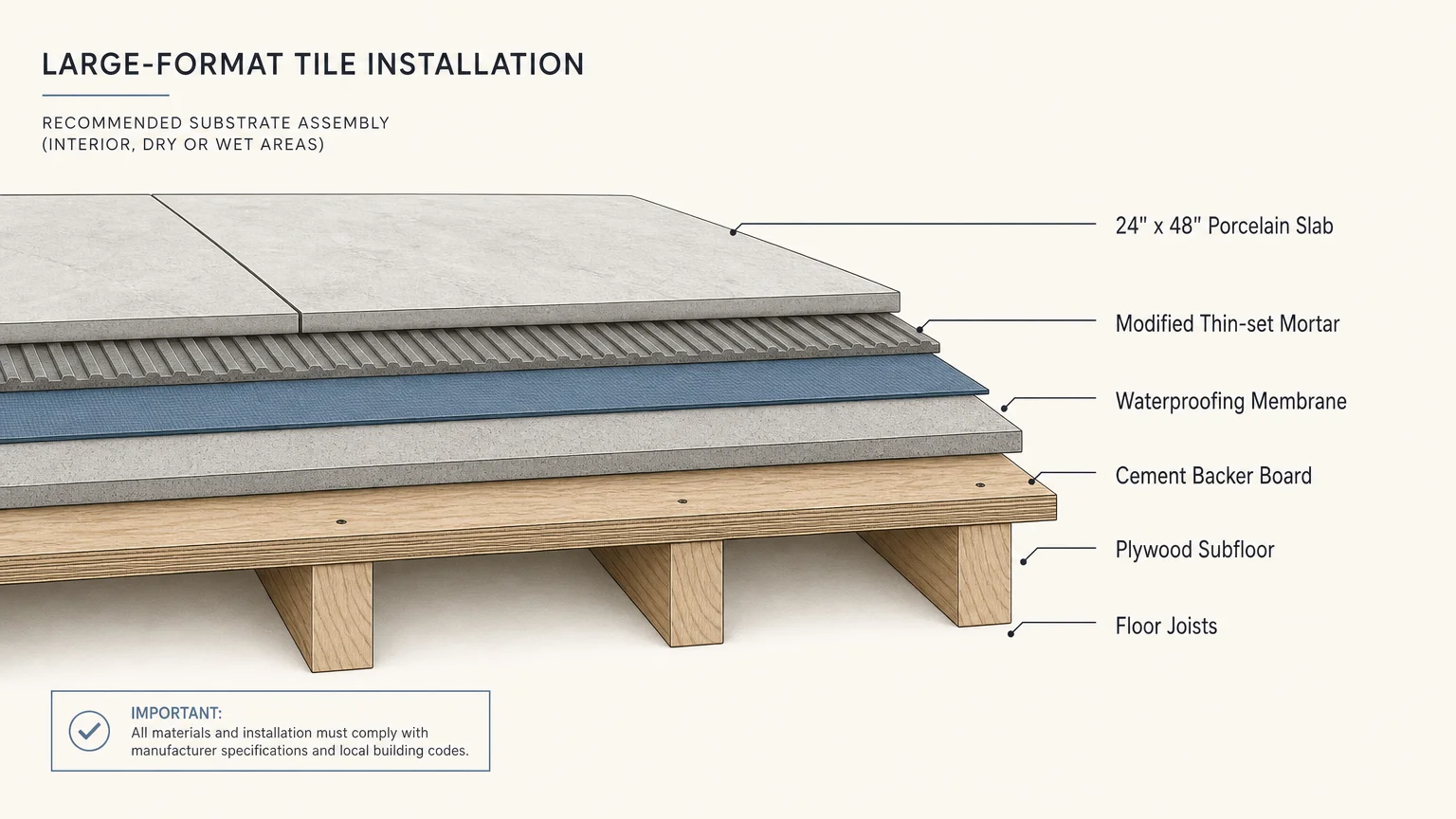 A technical cross-section diagram showing the layers of floor joists, subfloor, cement board, membrane, mortar, and large-format tile.