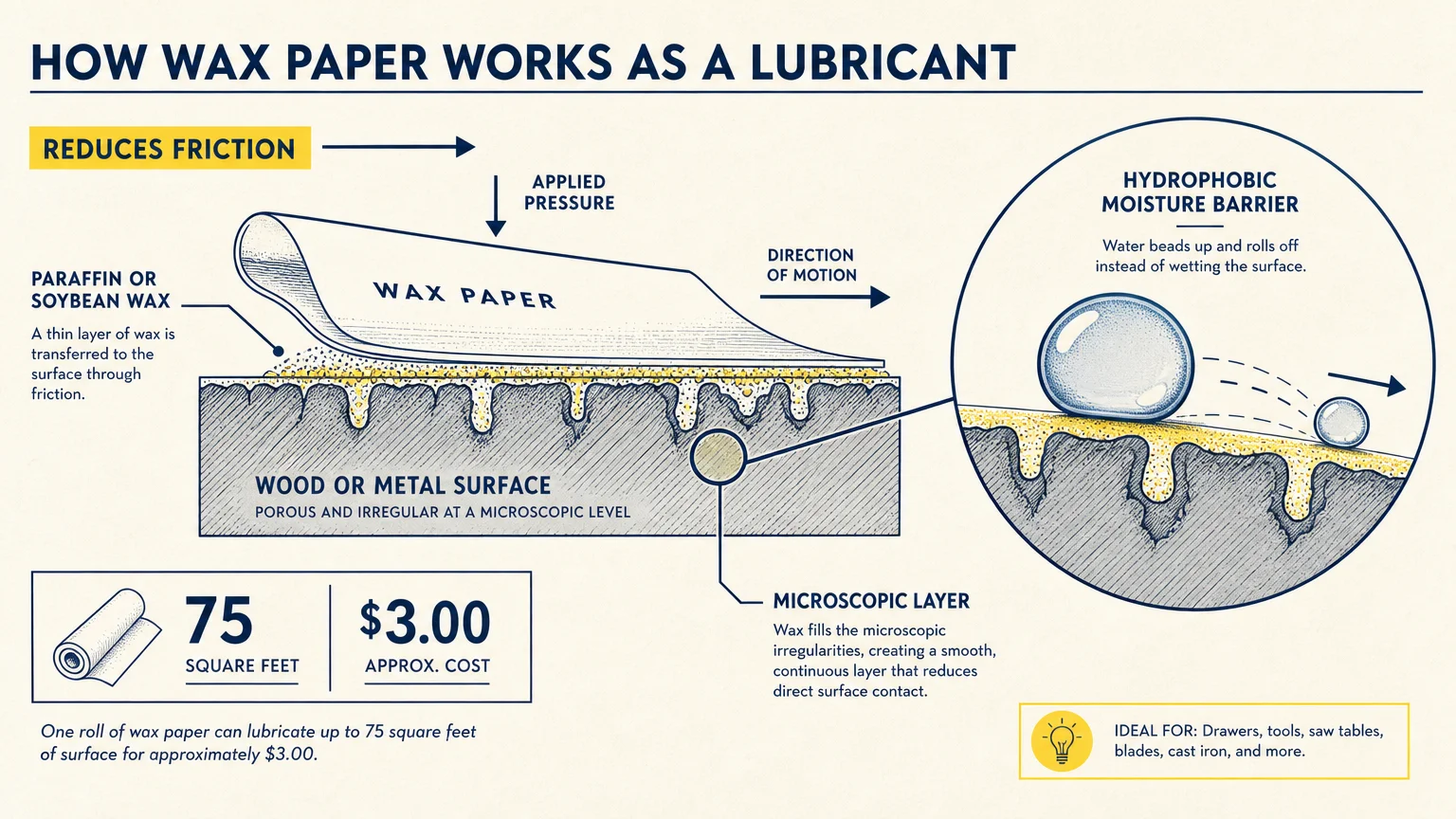 A technical diagram showing a microscopic layer of wax creating a water-repellent and low-friction barrier on a surface.