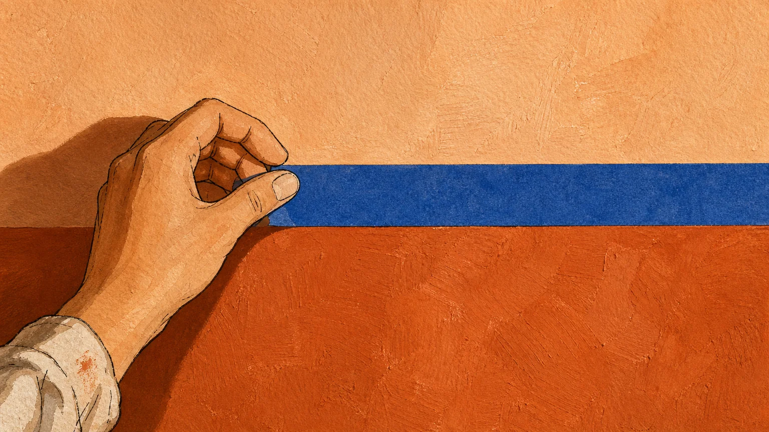 A textured gouache illustration of a hand applying blue painter's tape to create a sharp line between terracotta and peach paint colors.