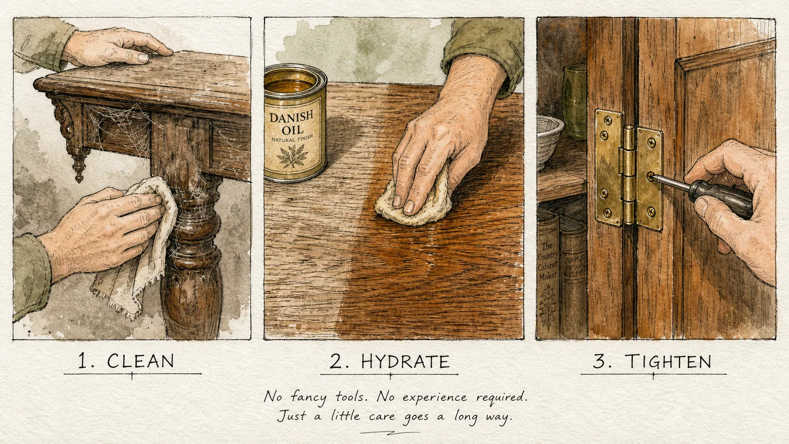 A three-panel watercolor illustration showing the steps of cleaning, hydrating wood with oil, and tightening cabinet hinges.