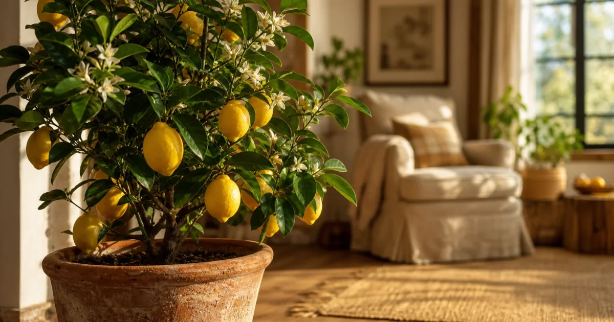 A thriving dwarf lemon tree bearing bright yellow fruit in a terracotta pot in a sun-drenched, cozy living room corner.