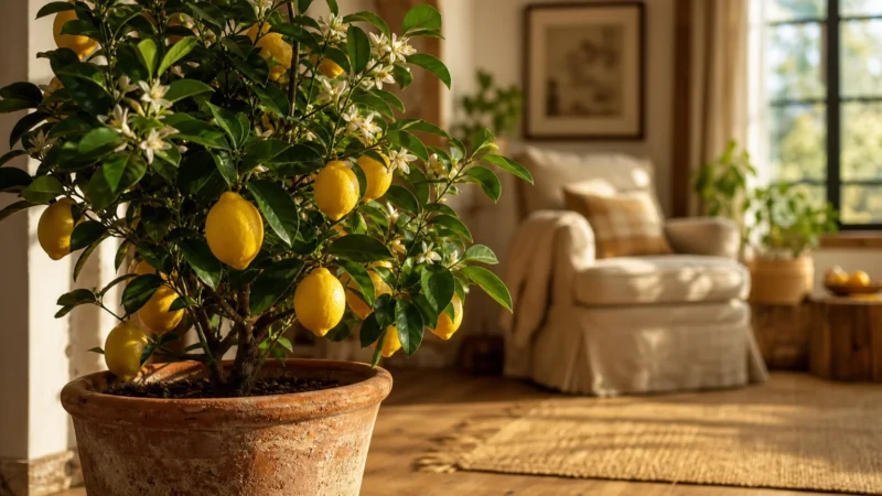 A thriving dwarf lemon tree bearing bright yellow fruit in a terracotta pot in a sun-drenched, cozy living room corner.