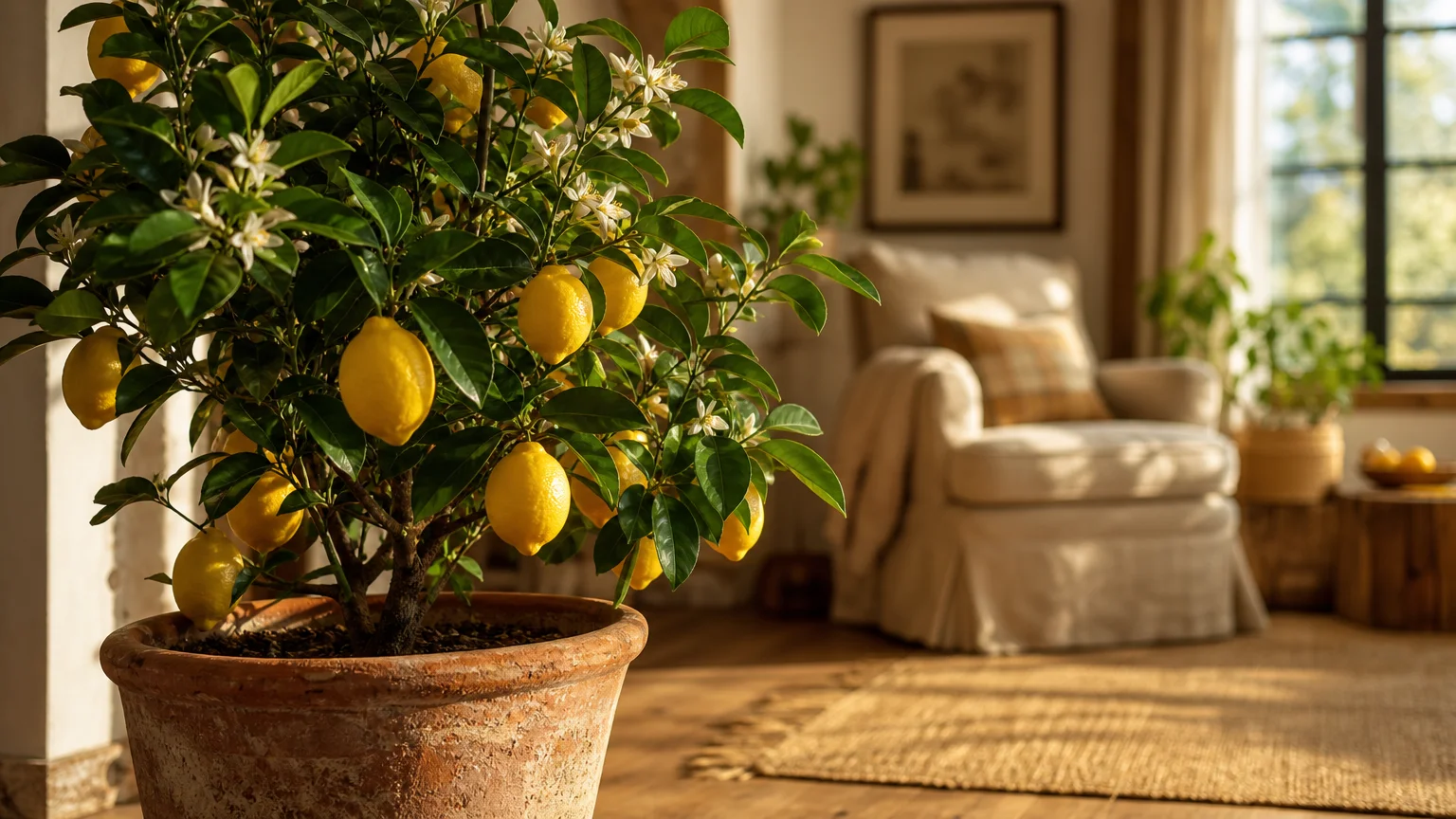 A thriving dwarf lemon tree bearing bright yellow fruit in a terracotta pot in a sun-drenched, cozy living room corner.