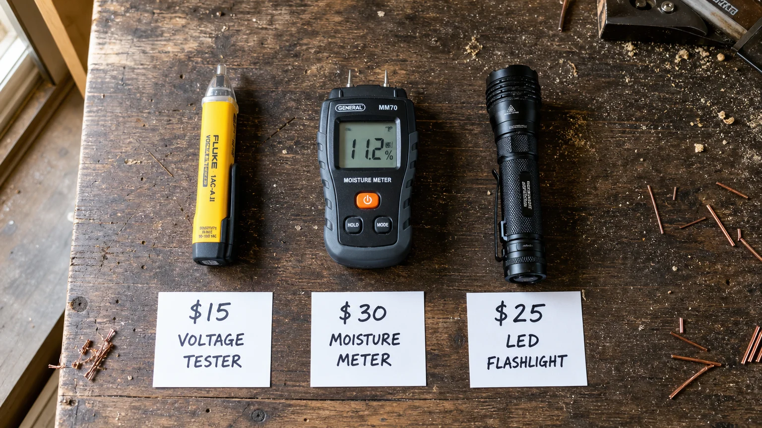 A top-down flat lay of a voltage tester, a moisture meter, and a flashlight on a wooden workbench with price tags.