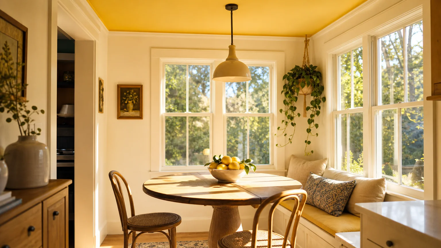 A warm breakfast nook featuring a buttery sunlight yellow ceiling that fills the room with a cheerful glow.