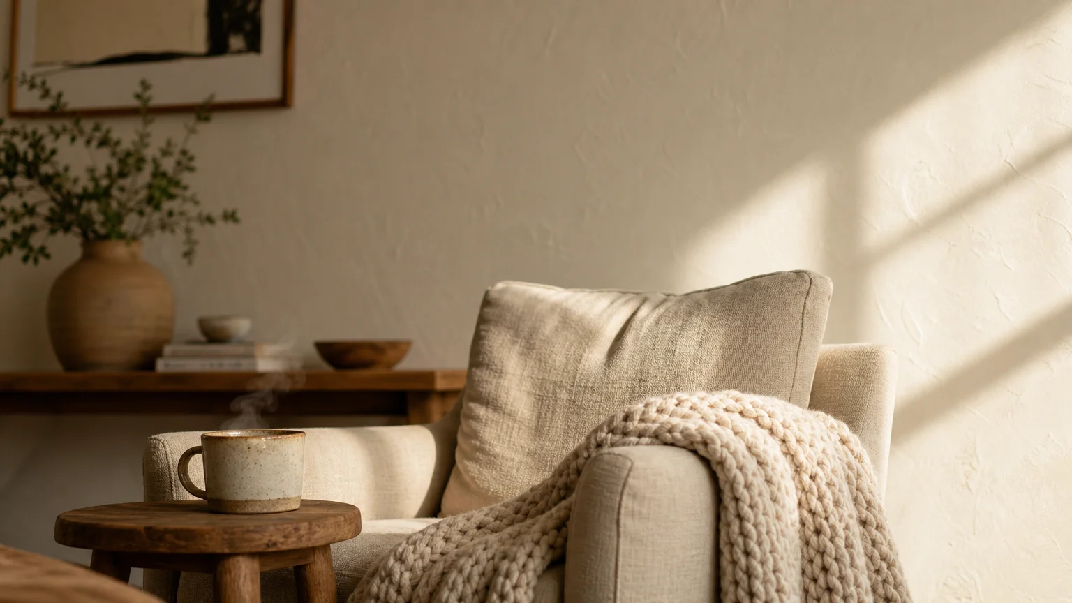 A warm creamy alabaster living room corner with a linen chair and a rustic side table under soft morning sunlight.