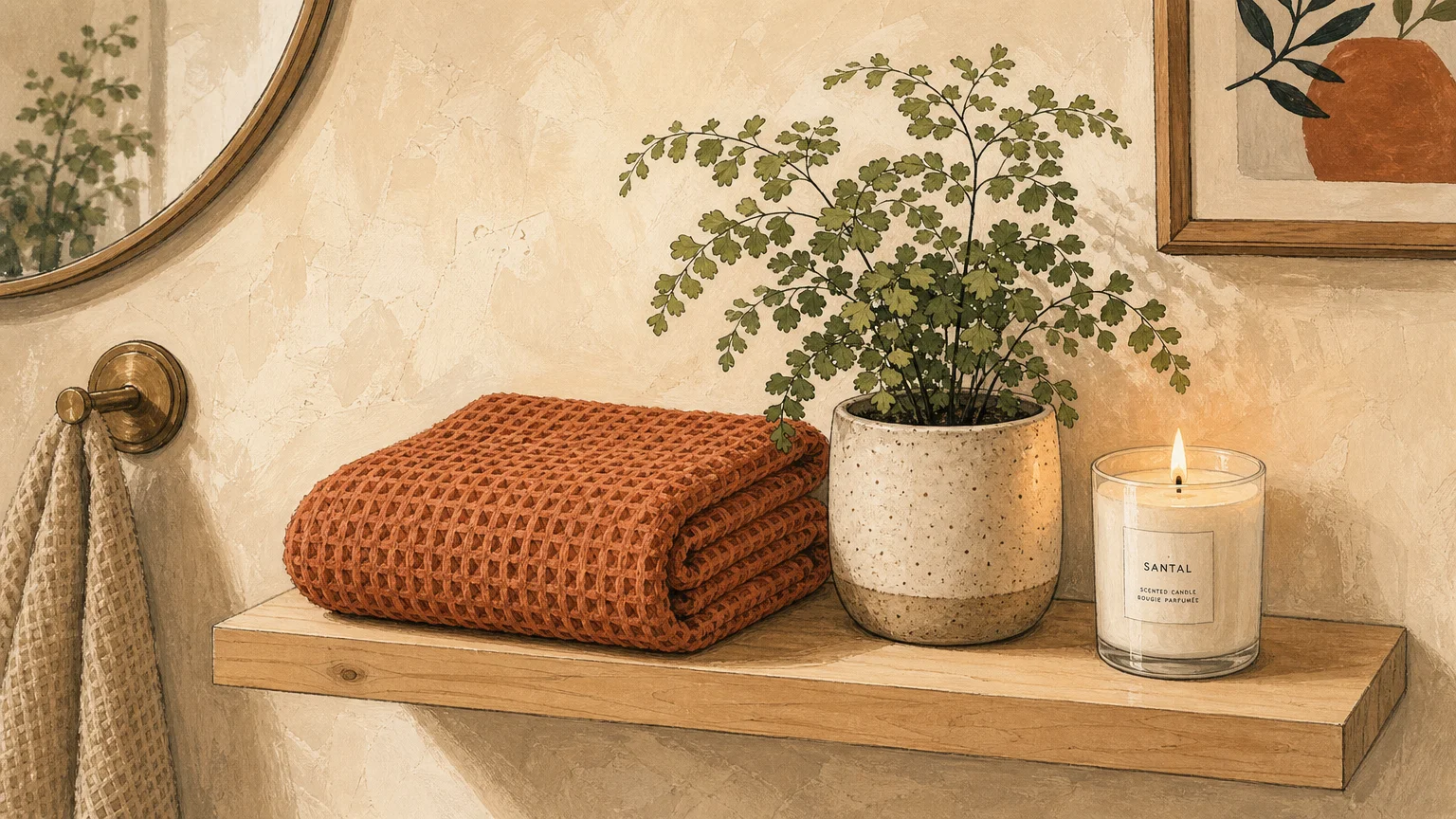 A warm gouache illustration of a wooden shelf holding a folded terracotta waffle towel, a small fern, and a burning candle.