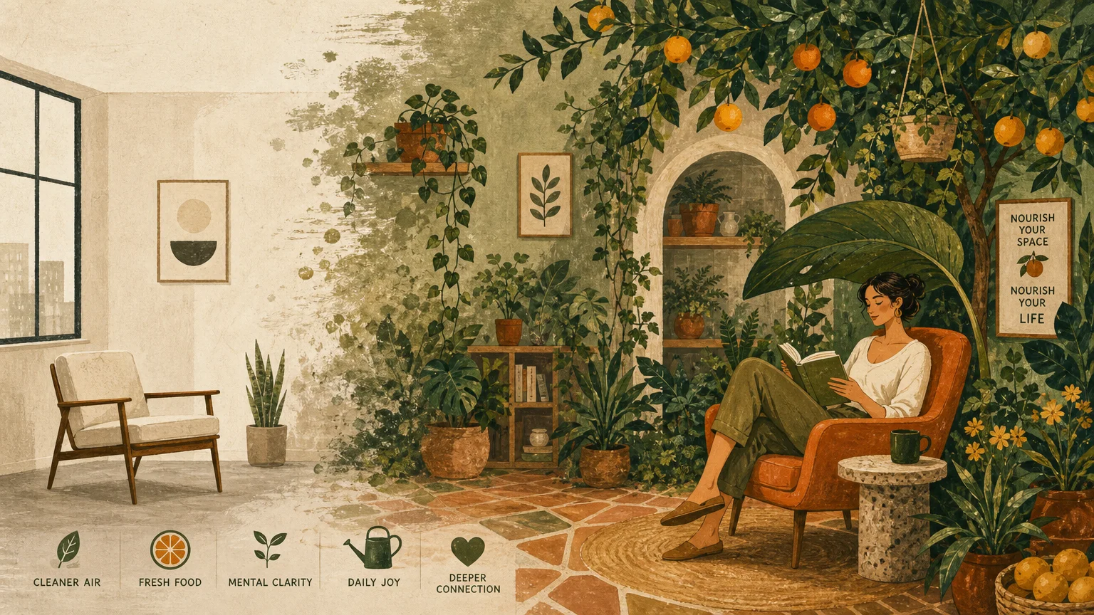 A warm gouache illustration showing a sterile room corner transforming into a lush indoor orchard with a cozy reading nook.