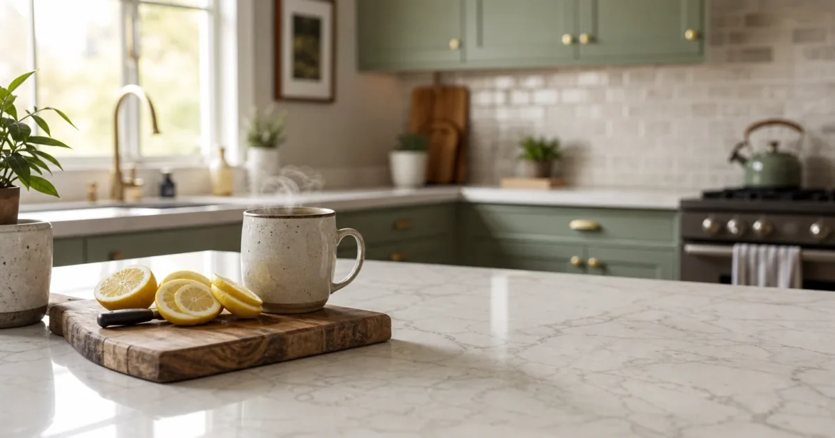 A warm, sunlit kitchen featuring a durable engineered quartz countertop with fresh lemons on a rustic wooden cutting board.