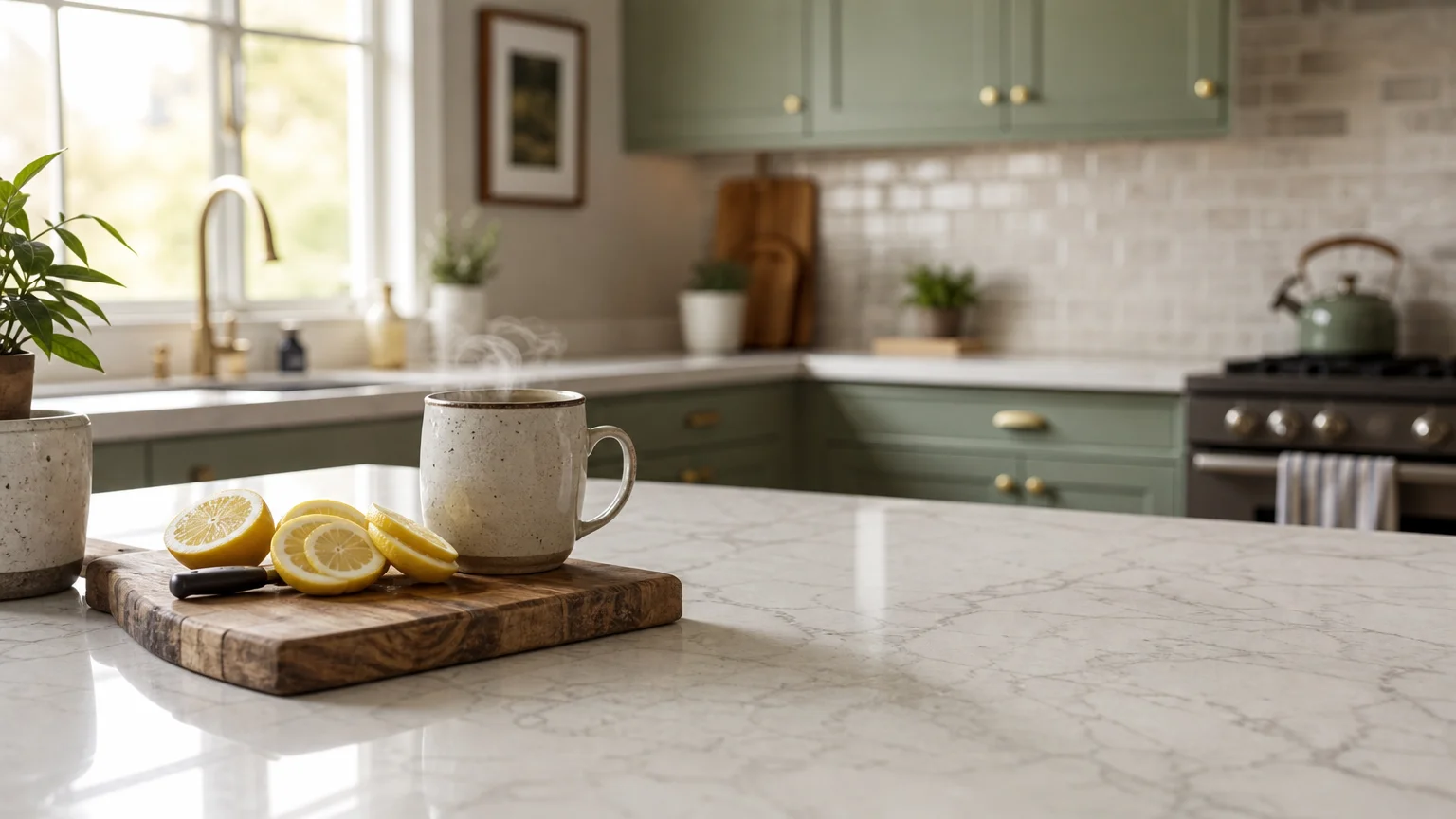 A warm, sunlit kitchen featuring a durable engineered quartz countertop with fresh lemons on a rustic wooden cutting board.