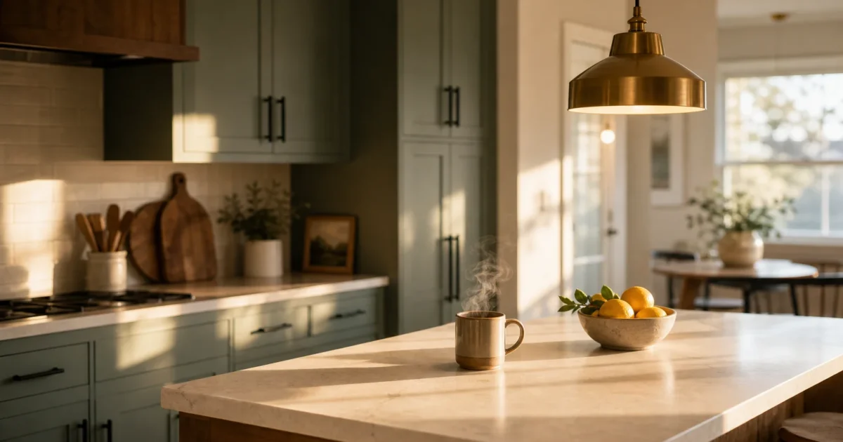 A warm, sunlit kitchen featuring sage green cabinets, brass lighting, and matte black hardware, capturing a modern DIY aesthetic.