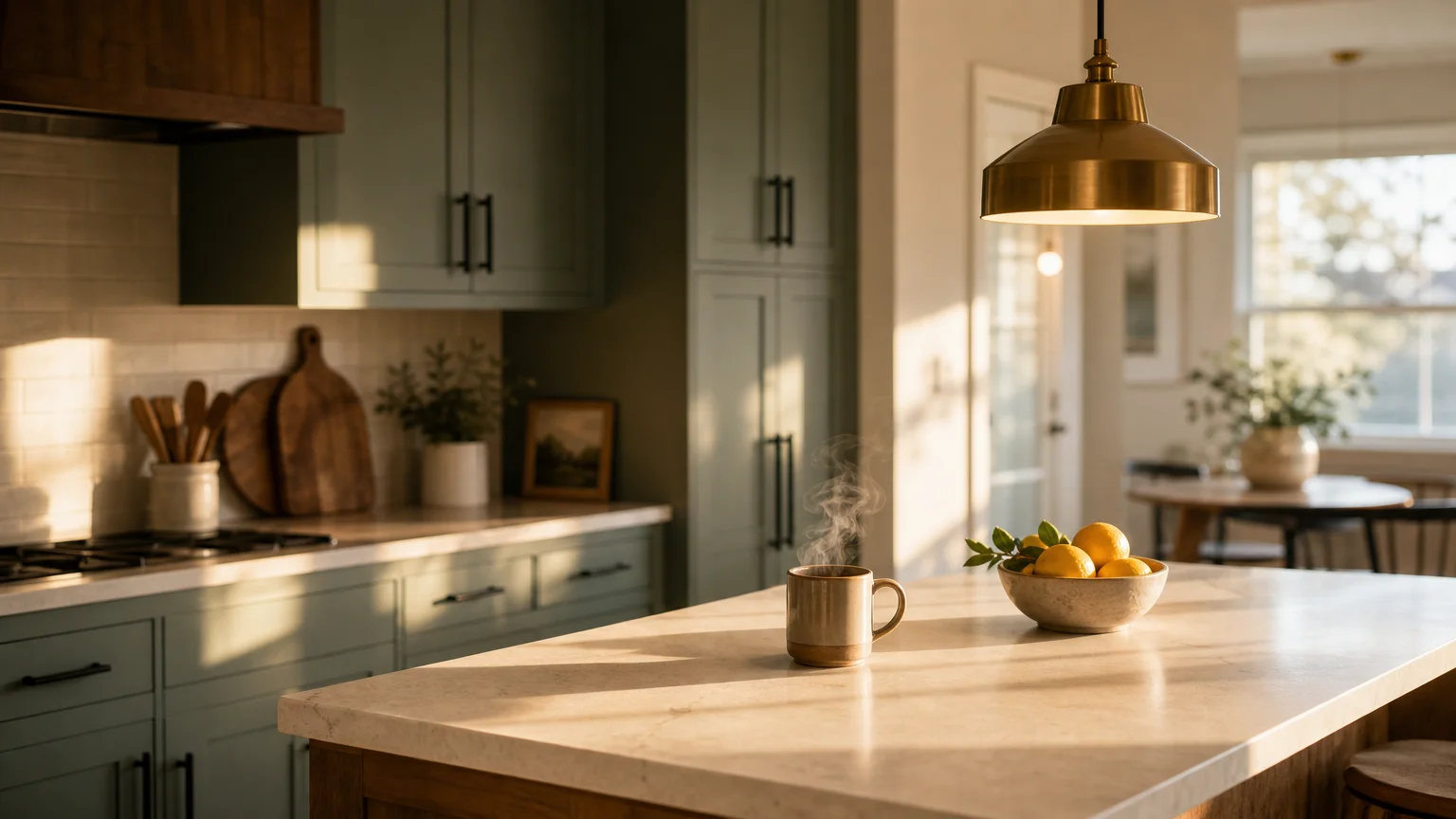 A warm, sunlit kitchen featuring sage green cabinets, brass lighting, and matte black hardware, capturing a modern DIY aesthetic.