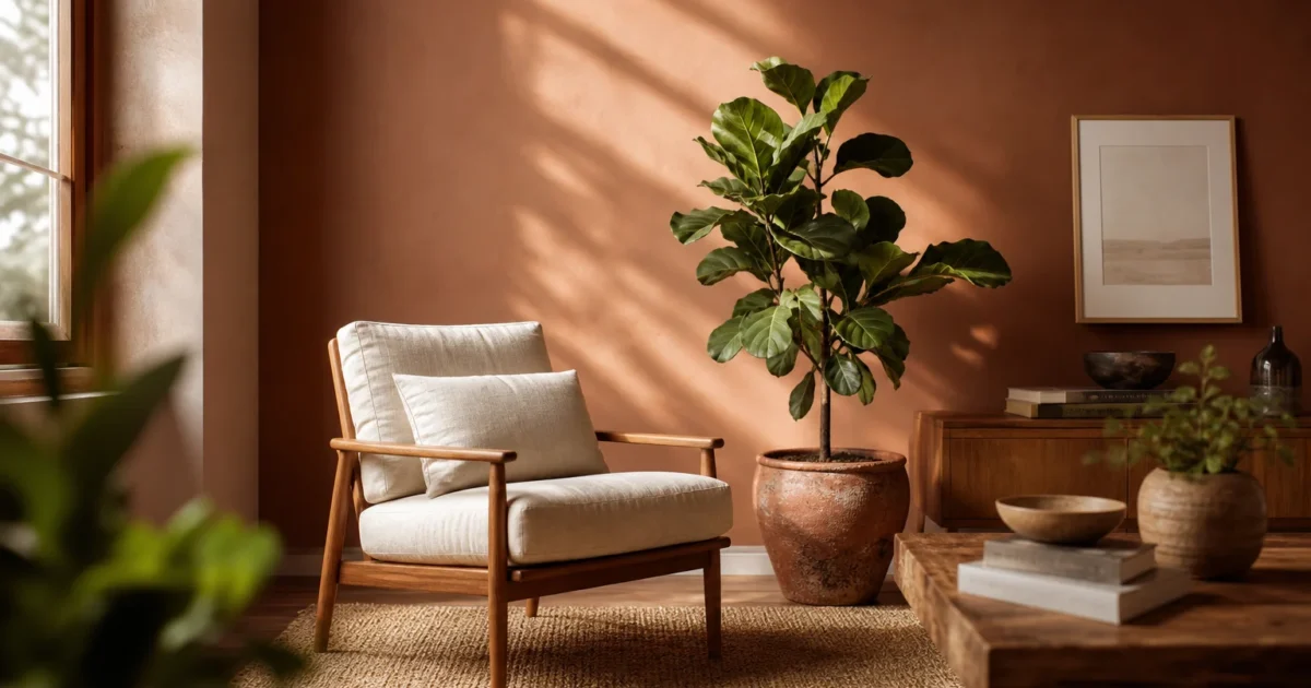 A warm, sunlit living room with an earthy terracotta-peach feature wall, a mid-century wooden armchair, and a leafy plant.