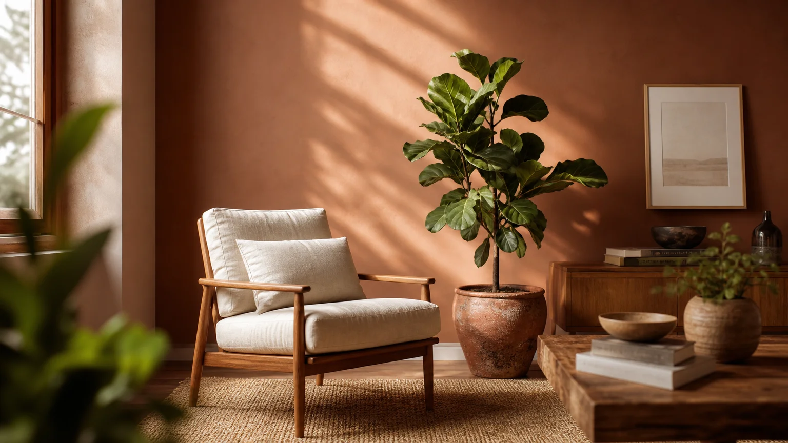 A warm, sunlit living room with an earthy terracotta-peach feature wall, a mid-century wooden armchair, and a leafy plant.