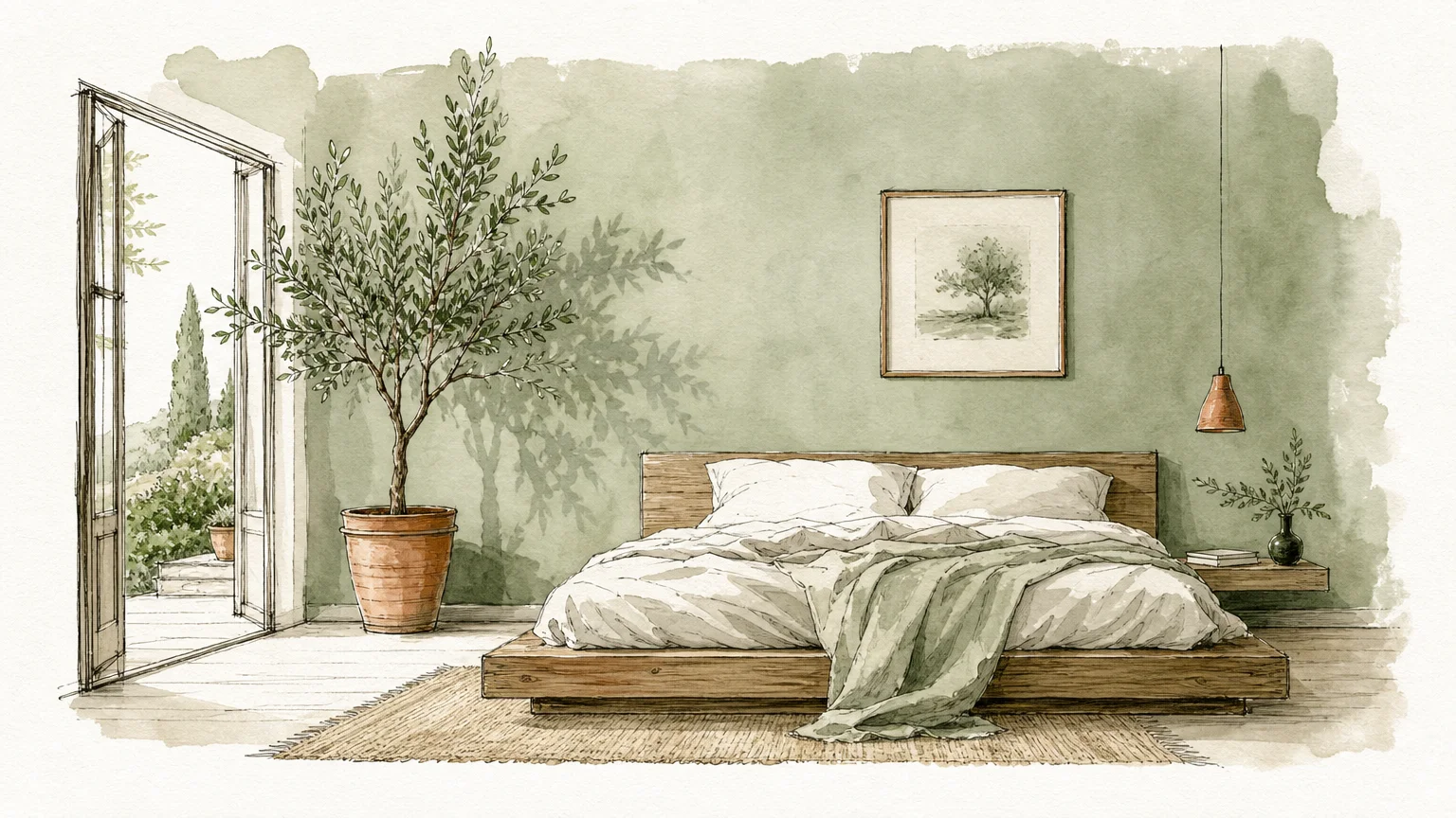 A watercolor and ink illustration of a minimalist bedroom with soft sage green walls, a wooden bed, and an olive tree.