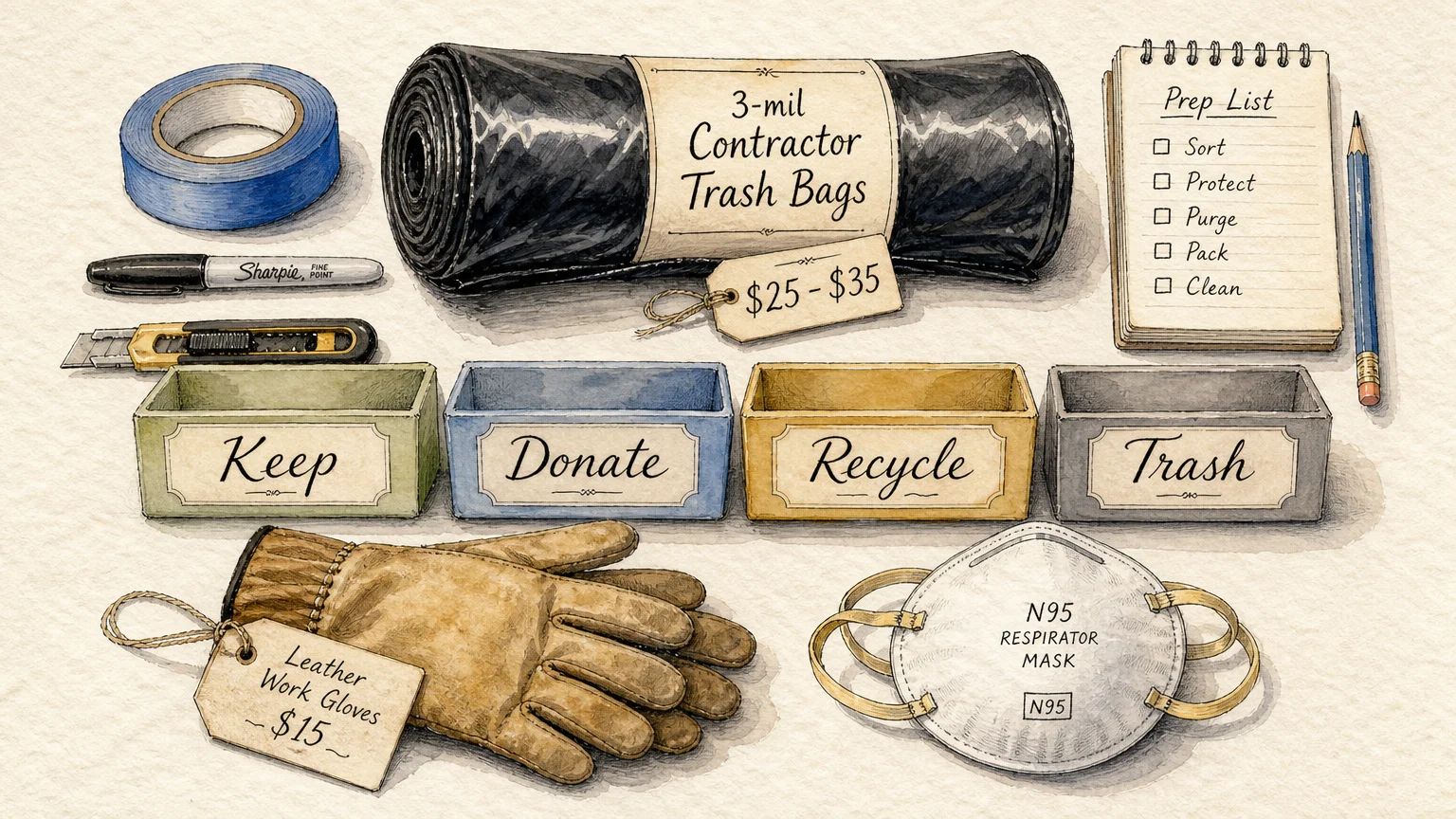 A watercolor flat-lay illustration of home organizing prep gear, including contractor trash bags, sorting bins, and work gloves.