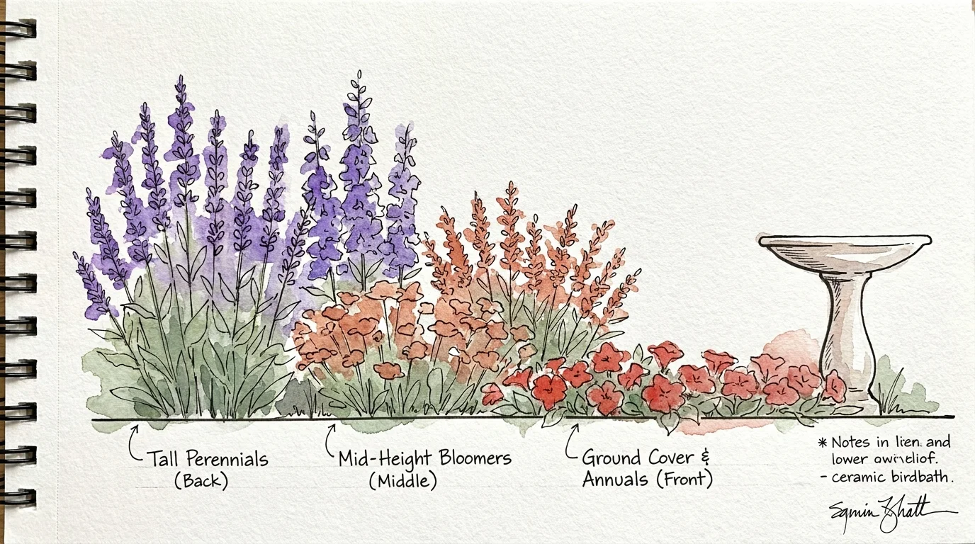 A watercolor garden design sketch showing a tiered layout of tall, medium, and low plants for a hummingbird garden.