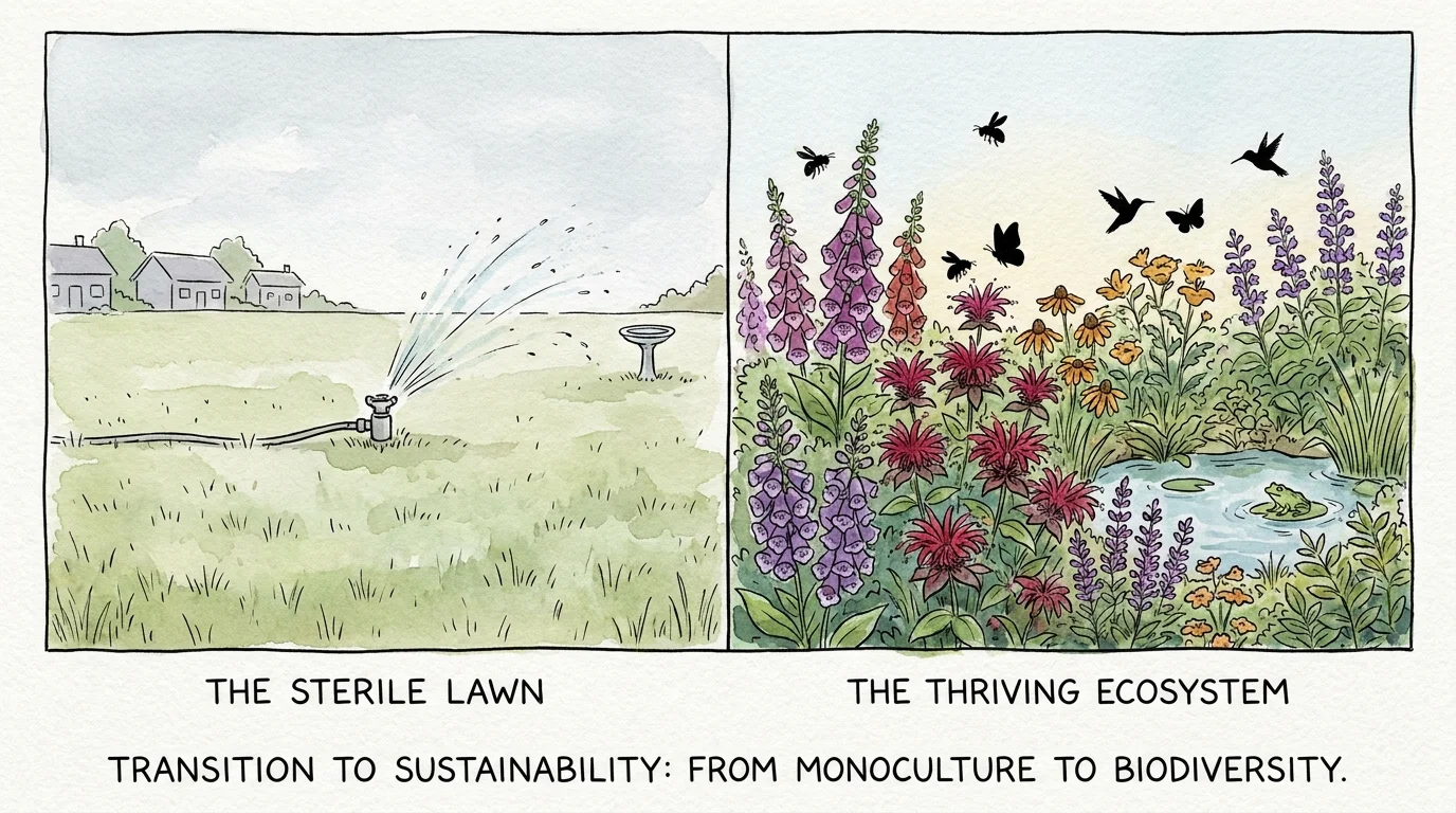 A watercolor split-screen illustration comparing a plain green turf grass lawn with a lush, colorful pollinator garden full of flowers.