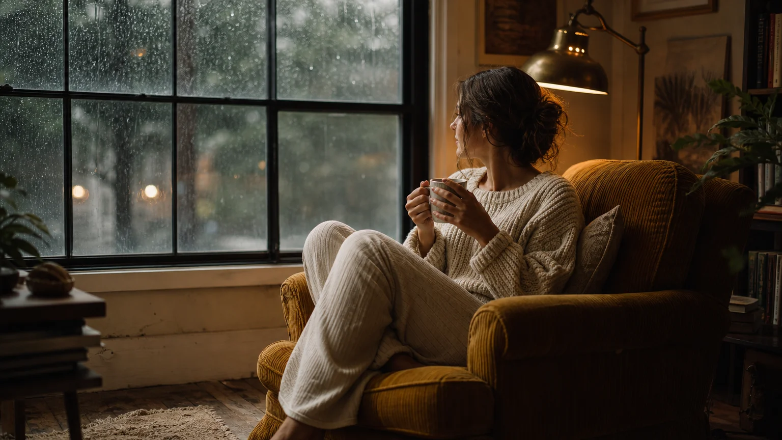 A woman sits peacefully in her cozy apartment drinking tea while a storm rages outside her window, symbolizing renters insurance security.