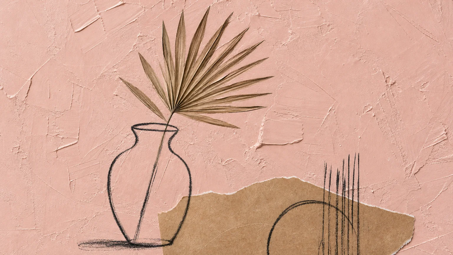 An abstract gouache and charcoal illustration featuring a dusty plaster pink background with a minimalist vase drawing.
