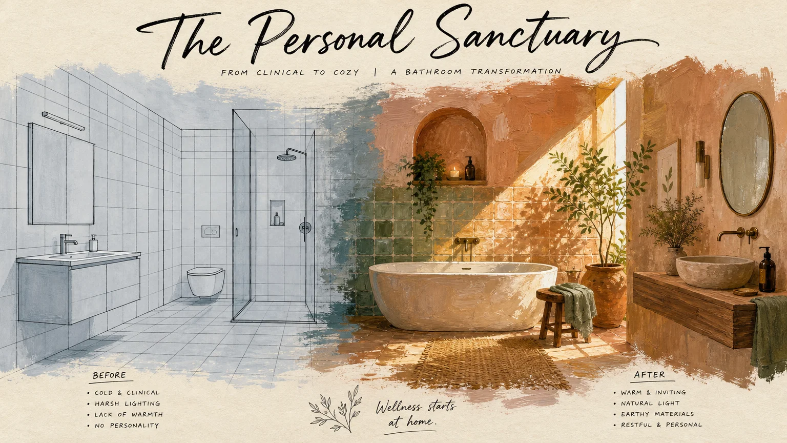 An artistic split-screen illustration showing a stark white tiled room transforming into a warm, earthy tiled wellness sanctuary.