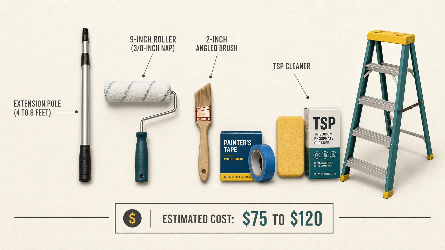 An editorial flat-lay diagram showing labeled painting tools including a roller, angled brush, extension pole, and TSP.