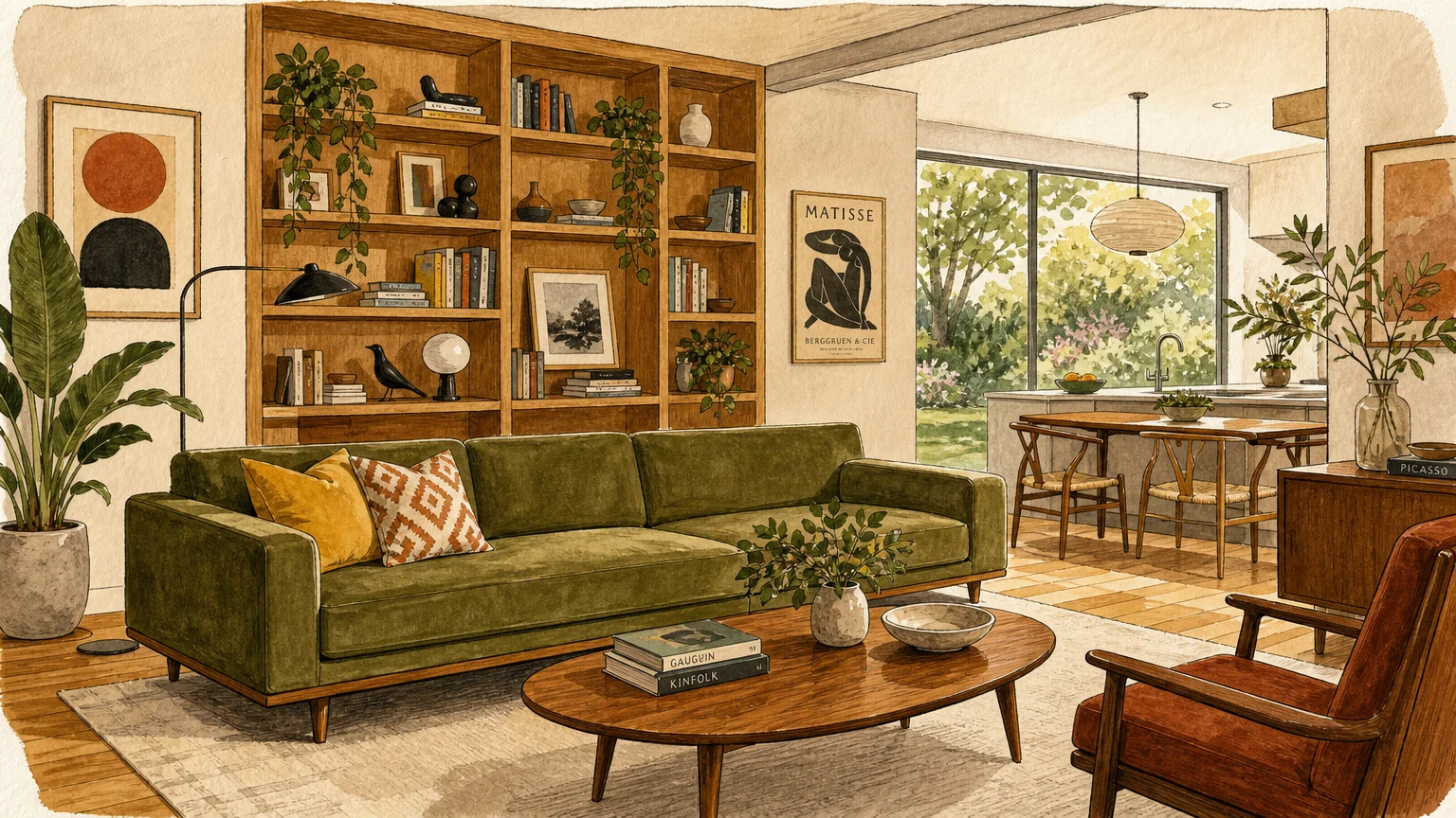 An editorial gouache illustration of a bright, modern living room with a green sofa, custom oak shelving, and a large window.