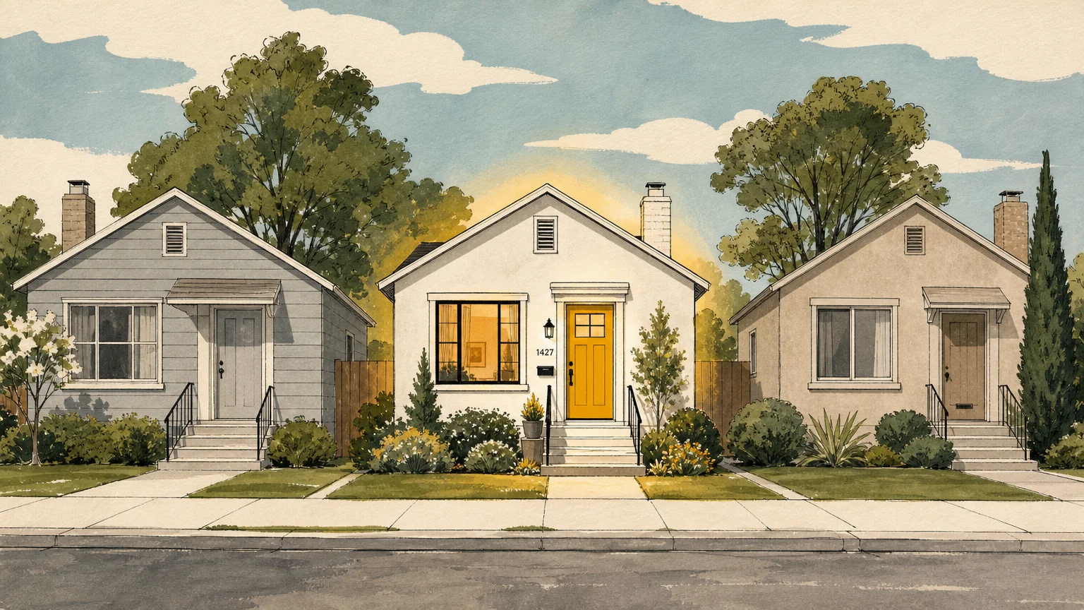 An editorial illustration of three houses, where the middle house stands out with a vibrant, welcoming mustard-yellow front door.