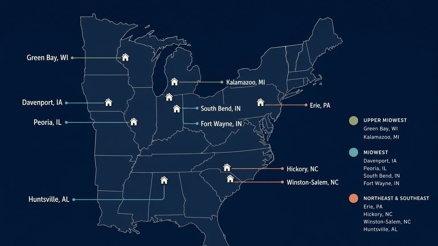 An editorial map highlighting the ten affordable towns discussed in the article, including South Bend, Peoria, and Huntsville.
