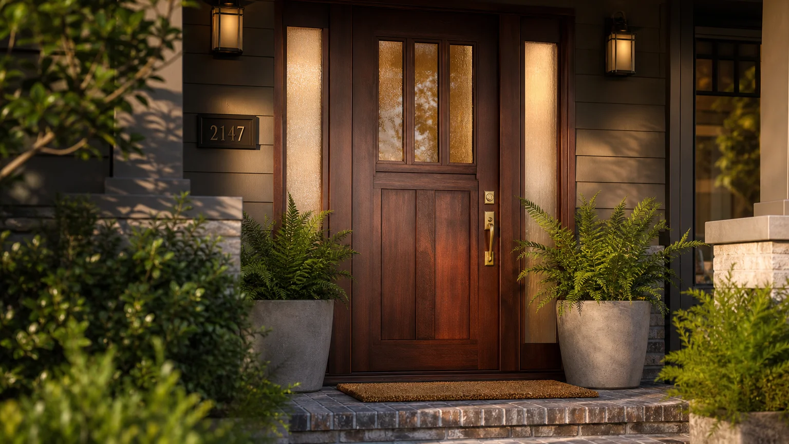 An elegant mahogany craftsman-style front door with vertical glass panels, framed by warm afternoon sunlight and potted ferns on a brick por