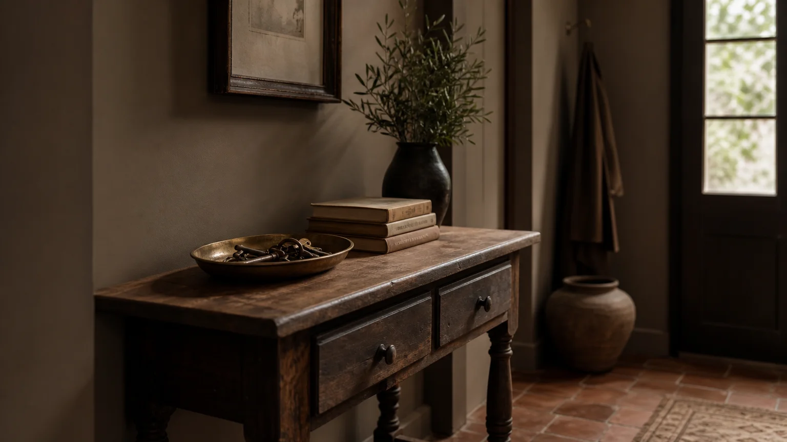 An entryway with mushroom taupe walls, an antique wood console table, and brass accents in soft afternoon light.