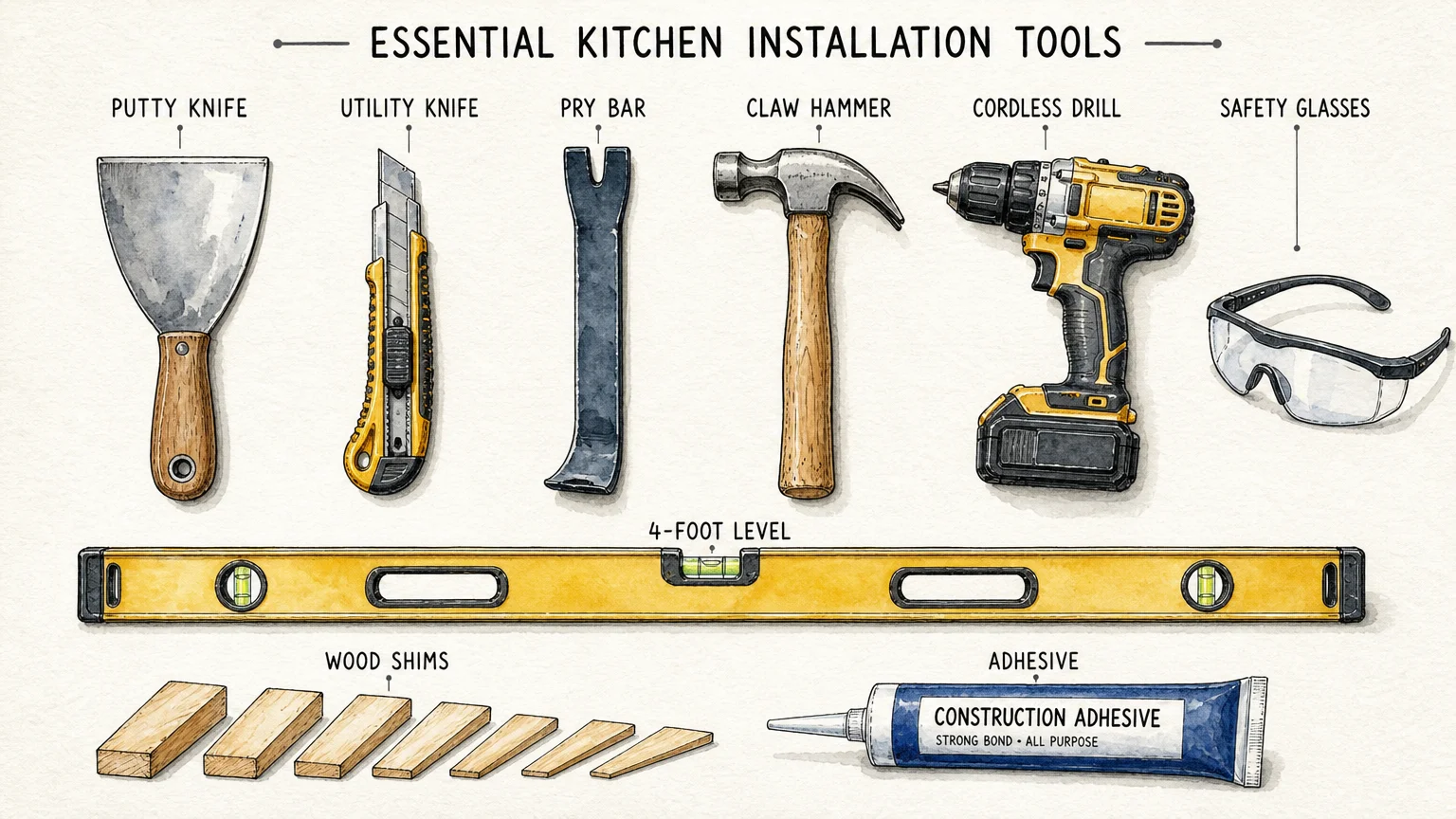An illustrated checklist of kitchen installation tools, including a carpenter's level, putty knife, pry bar, and safety glasses.