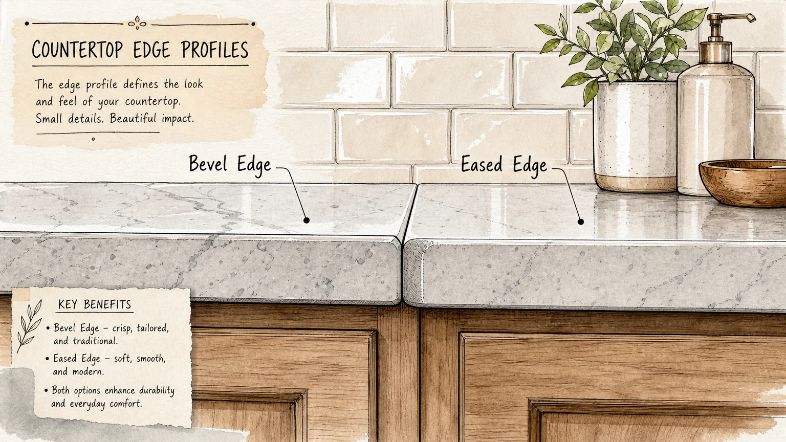 An illustrated diagram showing two countertop edge profiles: a bevel edge and an eased edge against a tiled backsplash.
