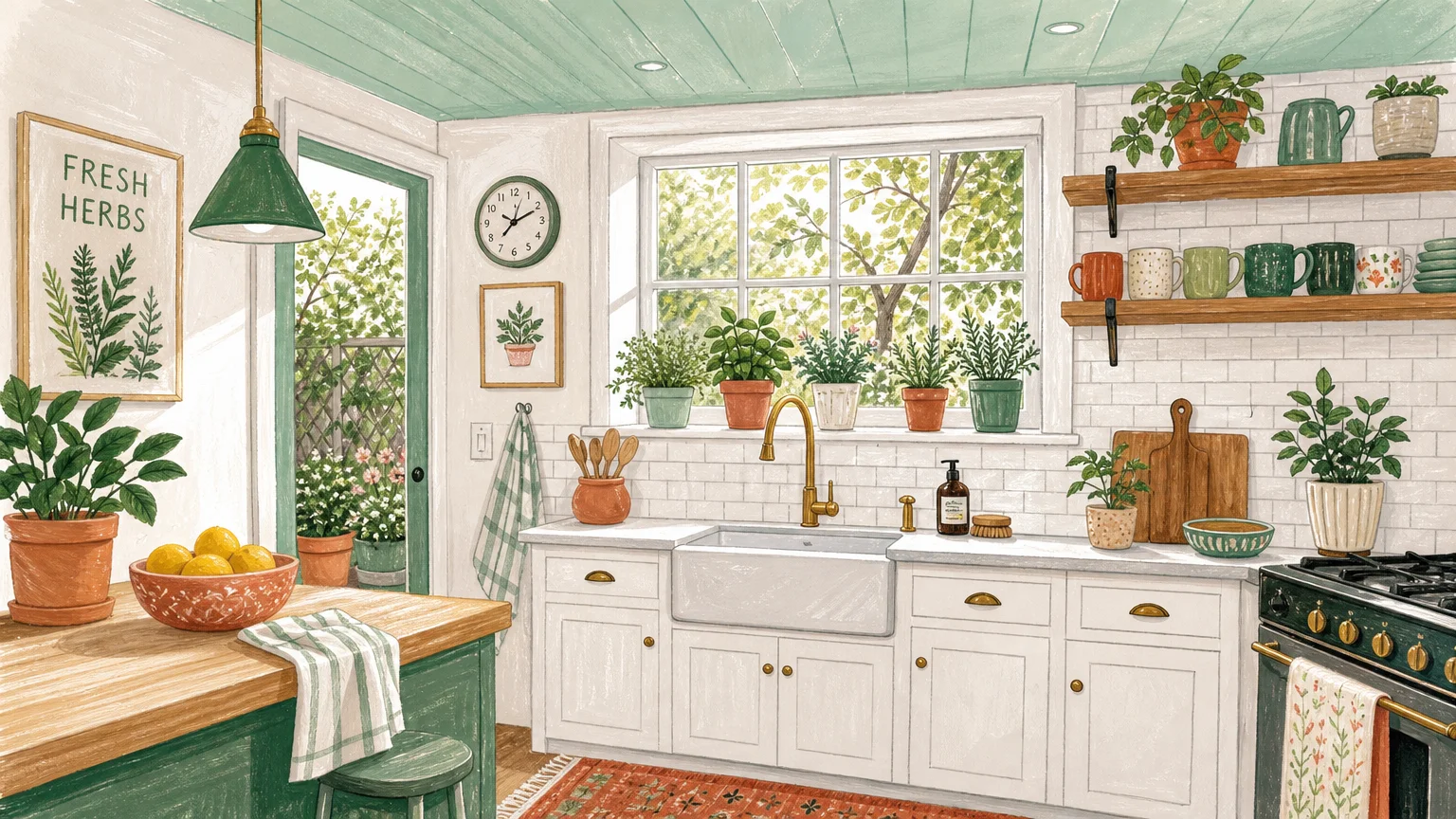 An illustration of a bright kitchen with a fresh, pale mint green ceiling and open shelving.