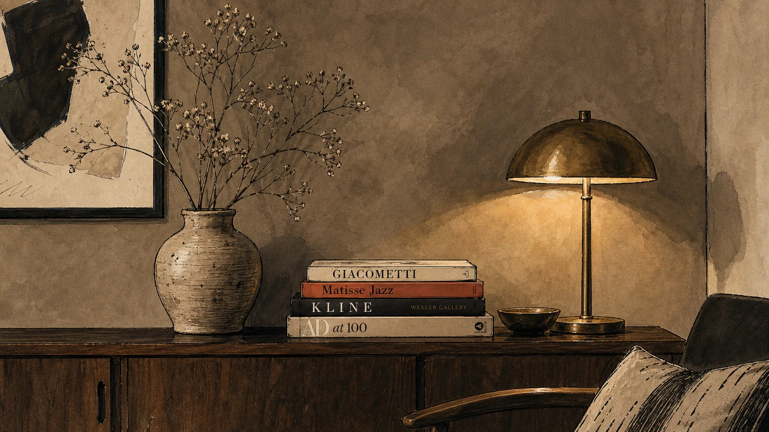 An illustration of a cozy room corner with a mushroom-beige wall, a wooden credenza, a brass lamp, and ceramic vases.
