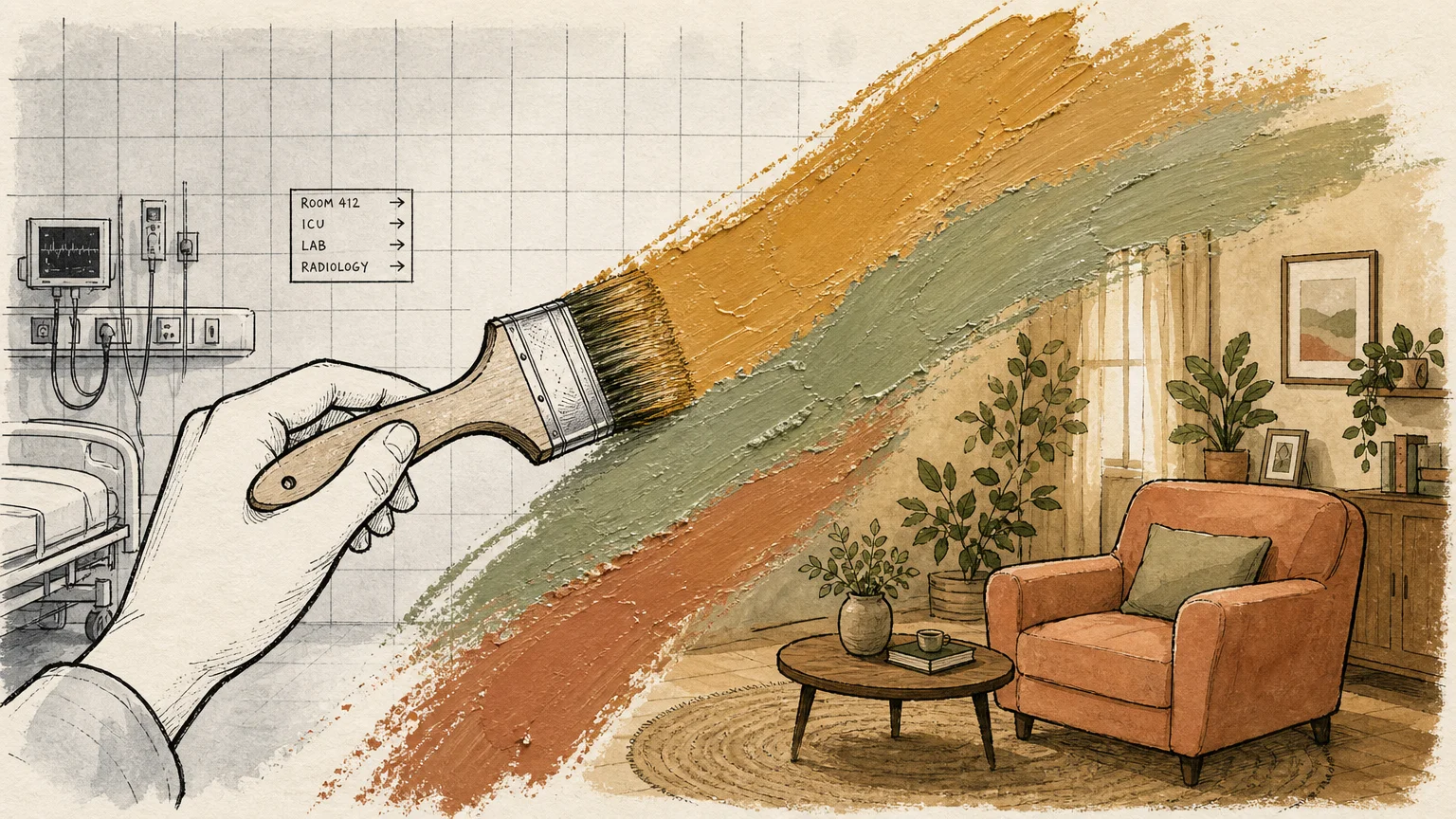 An illustration of a paint brush sweeping warm sage and ochre paint over a sterile, cold grey grid pattern.