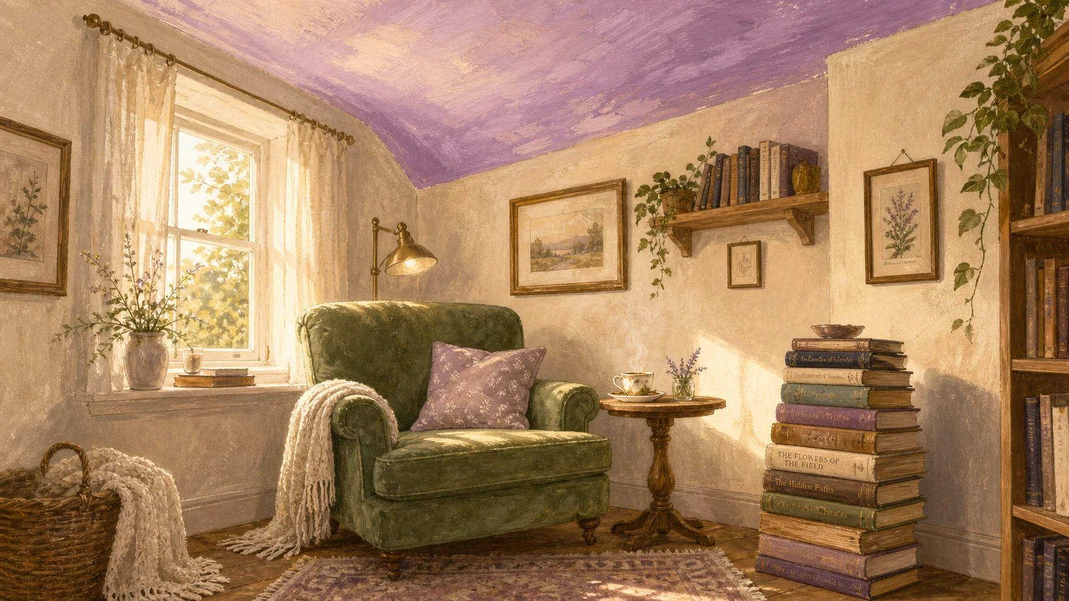 An illustration of a reading corner under a soft lavender ceiling, casting a tranquil, airy glow.